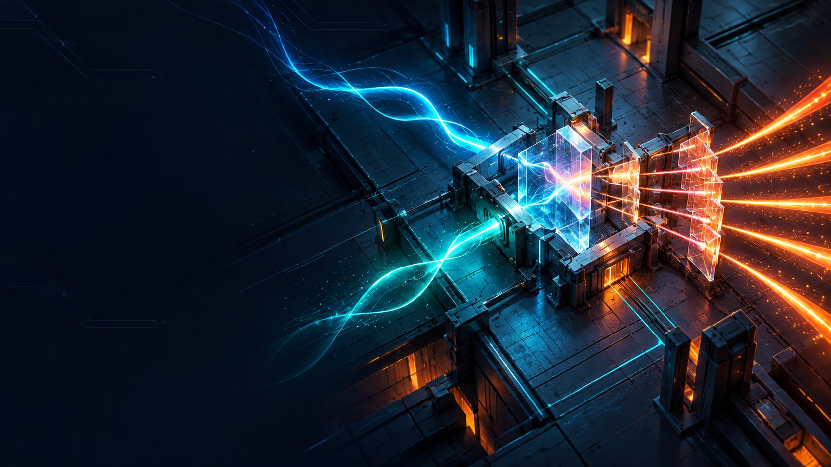 Blue and cyan energy streams flow into a glass quantum device on a research facility floor and split into a fan of orange beams.
